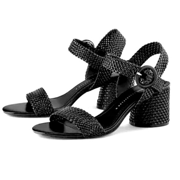 LIKE NEW Zara Black Wide Round Block Heeled Woven Sandals from 2019-Size 7.5/38 - Picture 1 of 15